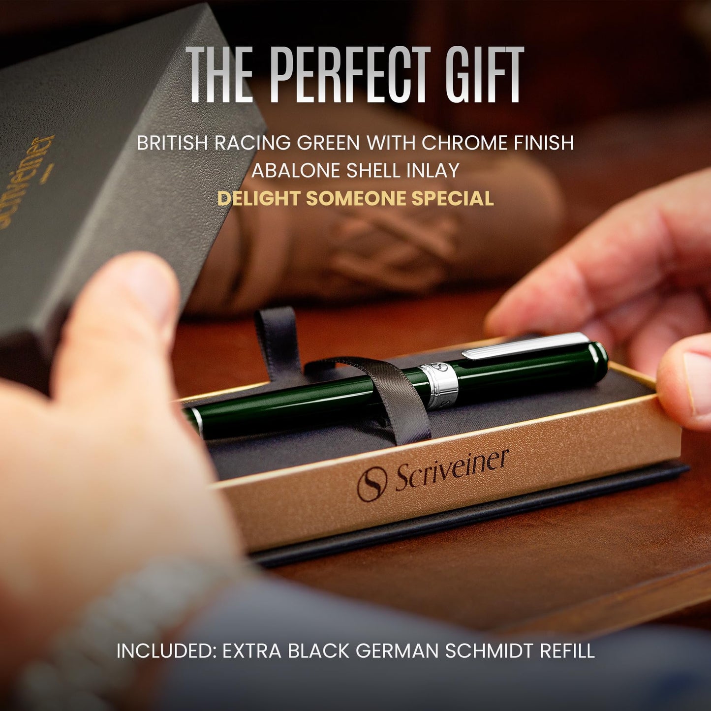 Scriveiner British Racing Green Rollerball - Stunning Luxury Rollerball Pen, Chrome Finish, Schmidt Ink Refill, Best Roller Ball Pen Gift Set for Men & Women, Professional, Executive Office, Nice Pens