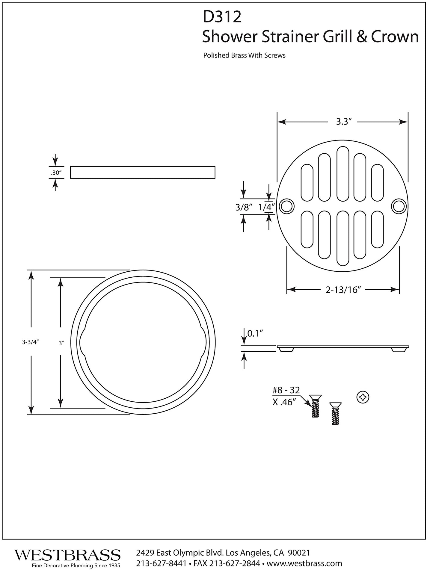 Westbrass Shower Strainer Set with Screws, Grill and Crown, Polished Brass, D312-03