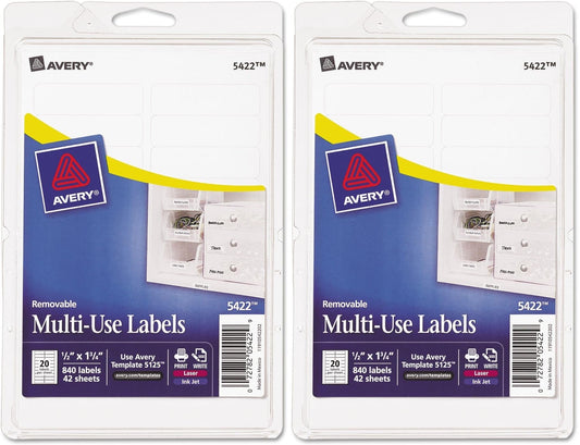 Avery Self-Adhesive Removable Labels, 0.5 x 1.75 Inches, White, 840 per Pack (05422)- Pack of 2