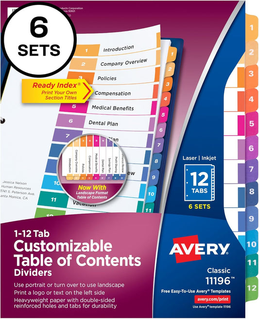 Avery 12 Tab Dividers, Customizable ToC, Multicolor Tabs, 6 Sets (11196)