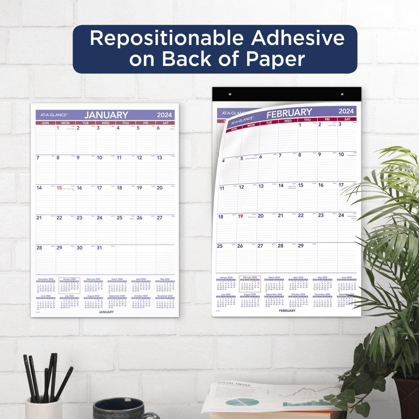 2024 AT-A-GLANCE® Repositionable Wall Calendar With Adhesive Backing, 15-1/2" x 22-3/4", January To December 2024, PM17RP28