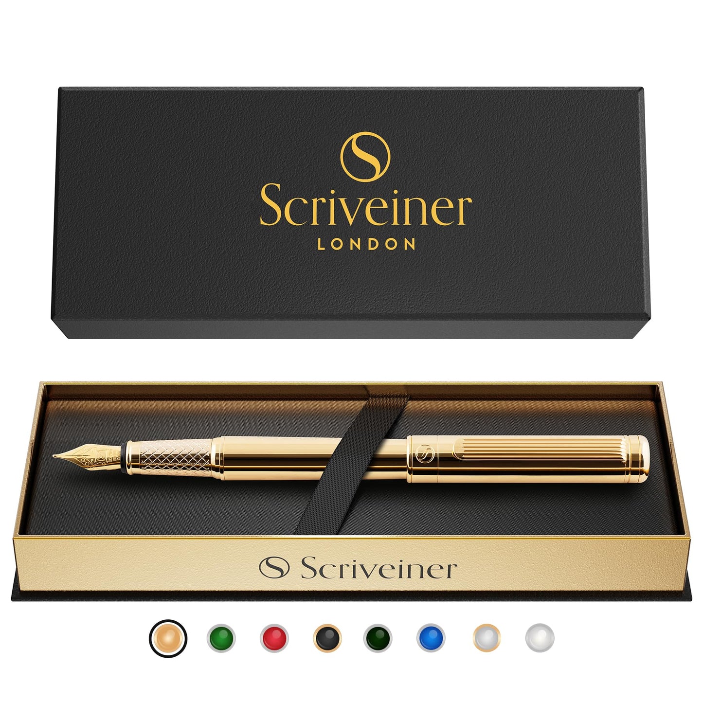 Scriveiner Luxury Fountain Pen - Stunning Gold Pen, 24K Gold Finish, Schmidt 18K Gilded Nib (Medium), Converter, Best Pen Gift Set for Men & Women, Professional, Executive, Office, Nice Pens