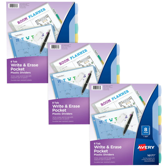 Avery Write & Erase Pocket Plastic Dividers for 3 Ring Binders, 8 Tab Sets, Multicolor, Works with Sheet Protectors, 3 Sets (31701)