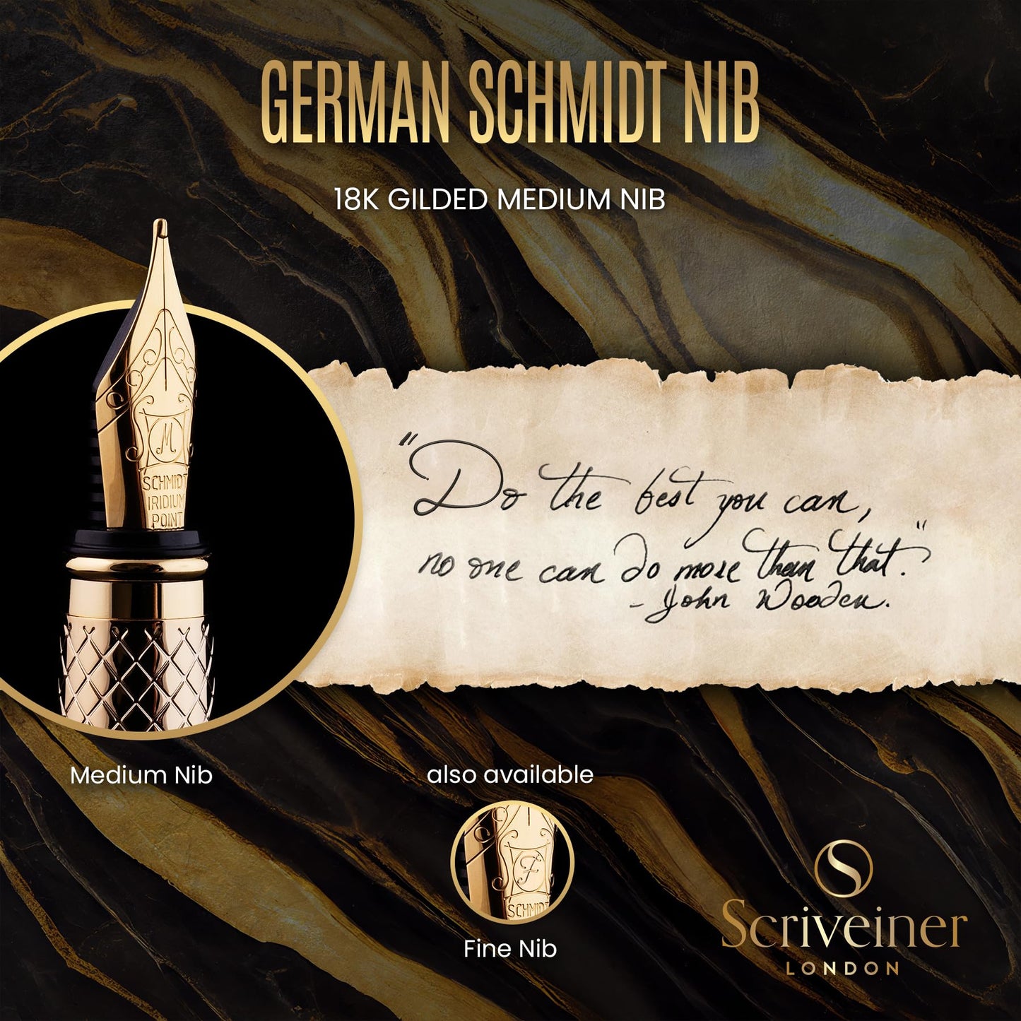 Scriveiner Luxury Fountain Pen - Stunning Gold Pen, 24K Gold Finish, Schmidt 18K Gilded Nib (Medium), Converter, Best Pen Gift Set for Men & Women, Professional, Executive, Office, Nice Pens