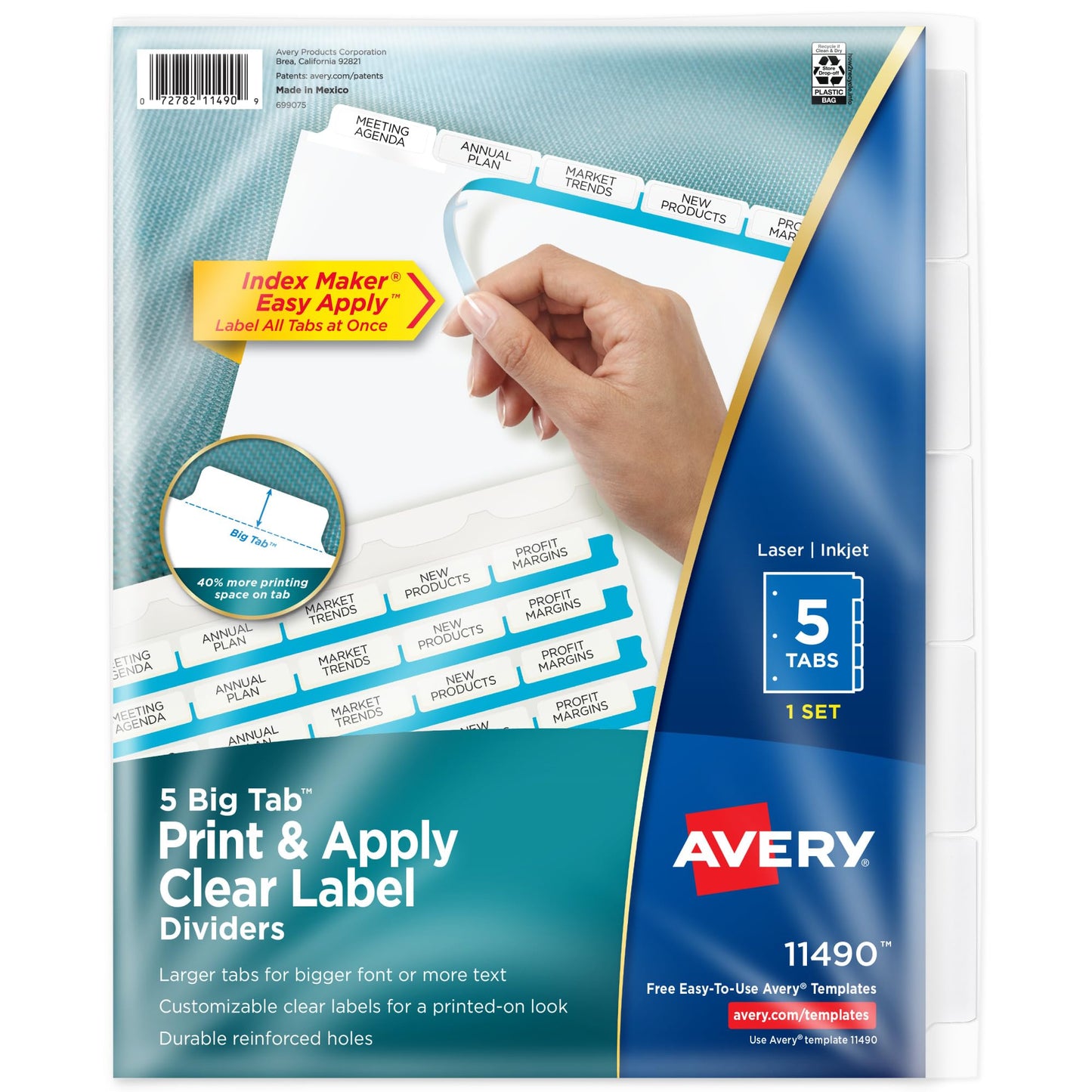Avery 5 Big Tab Dividers for 3 Ring Binder, Easy Print & Apply Clear Label Strip, Index Maker Customizable White Tabs, 1 Set (11490)