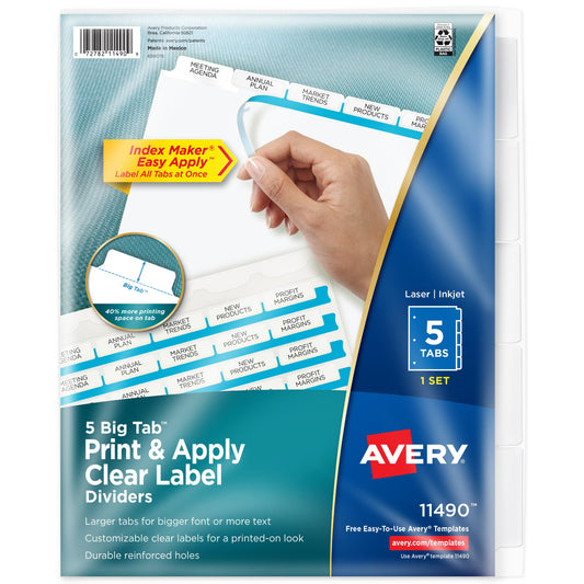 Avery 5 Big Tab Dividers for 3 Ring Binder, Easy Print & Apply Clear Label Strip, Index Maker Customizable White Tabs, 1 Set (11490)