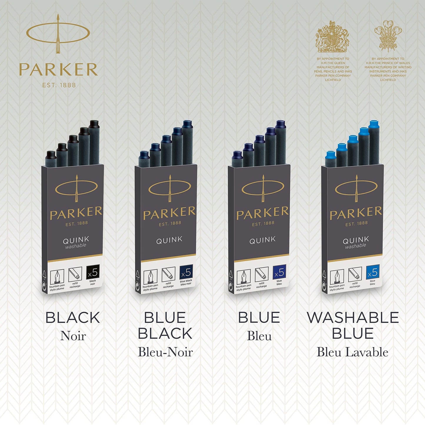 Parker QUINK Long Fountain Pen Ink Refill Cartridges, Washable Blue, 5 Count