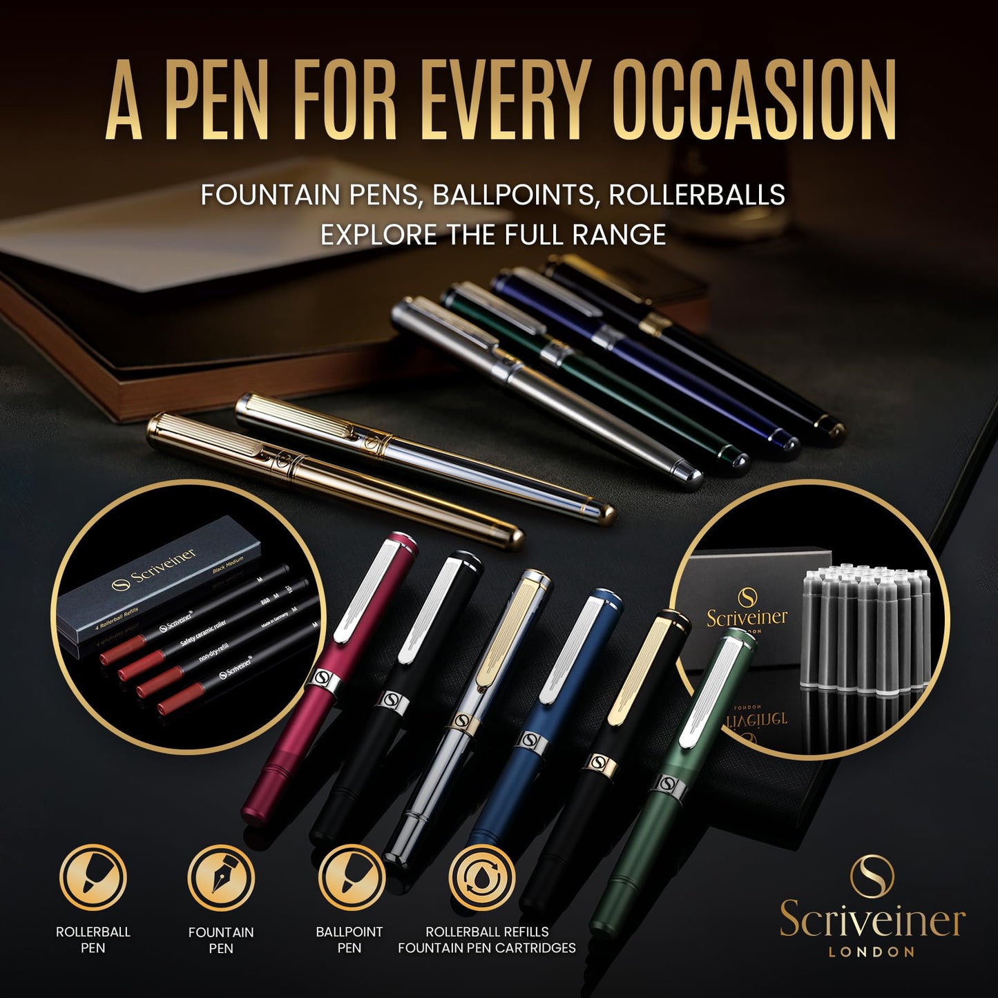 Scriveiner Luxury Fountain Pen - Stunning Gold Pen, 24K Gold Finish, Schmidt 18K Gilded Nib (Medium), Converter, Best Pen Gift Set for Men & Women, Professional, Executive, Office, Nice Pens