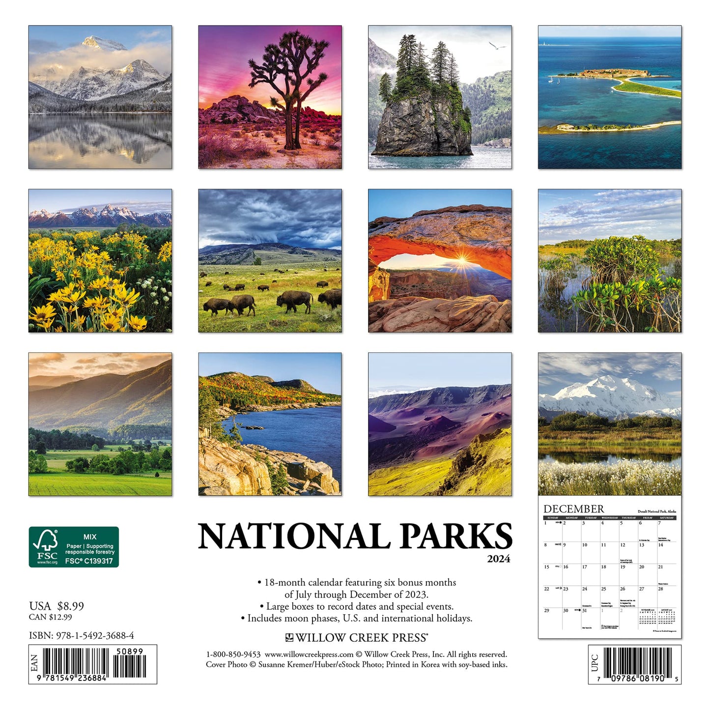 Willow Creek Press National Parks Monthly Mini 2024 Wall Calendar (7" x 7")