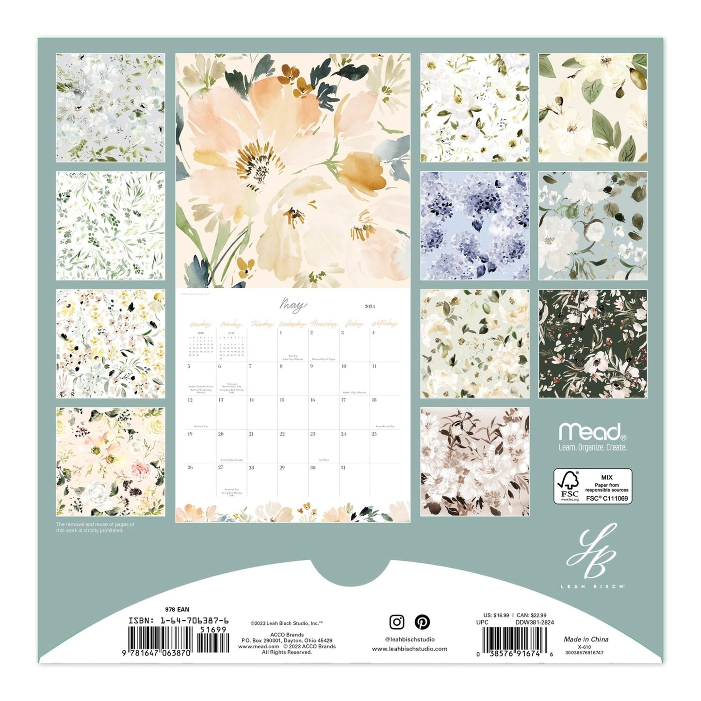 2024 Mead® 16-Month Wall Calendar, 12" x 12", Leah Bisch, September 2023 to December 2024, ODW38128