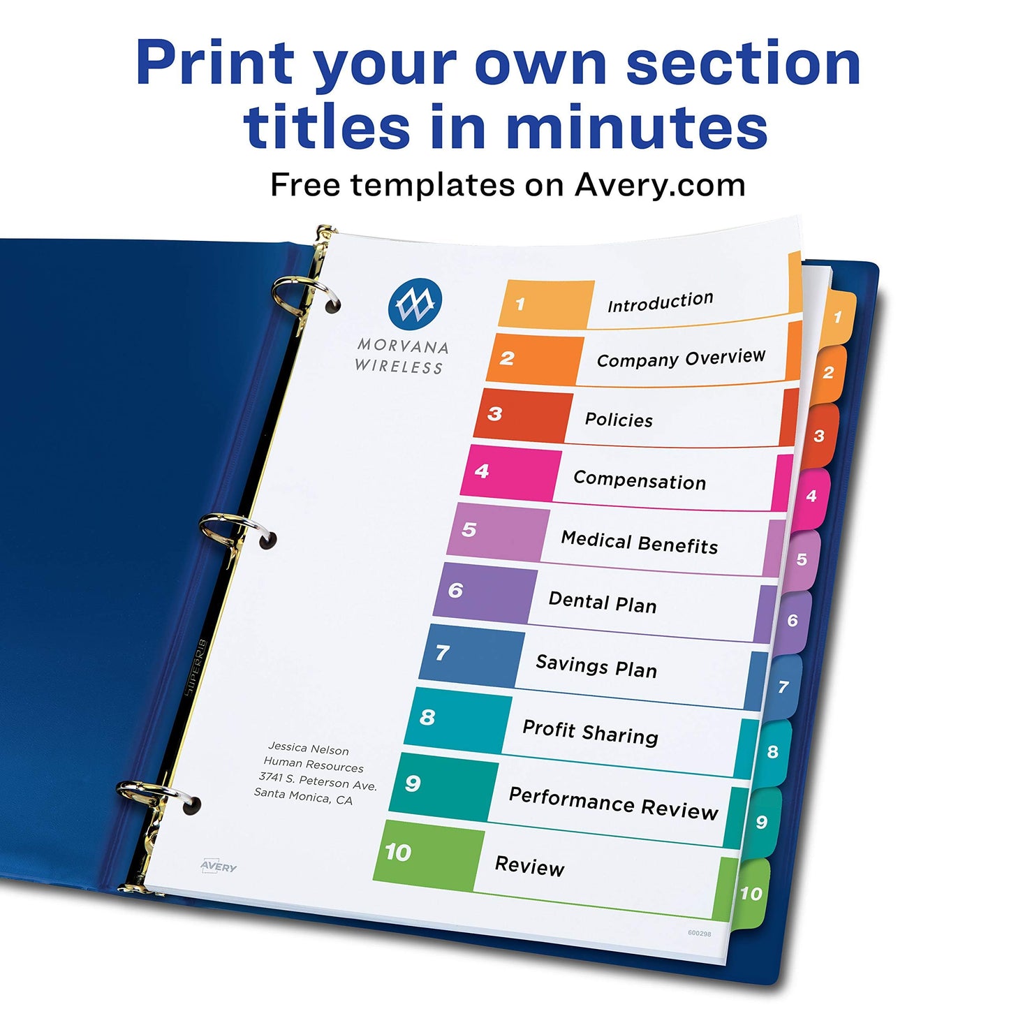 Avery 10 Tab Dividers for 3 Ring Binders, Customizable Table of Contents, Multicolor Tabs, 1 Set (11135)