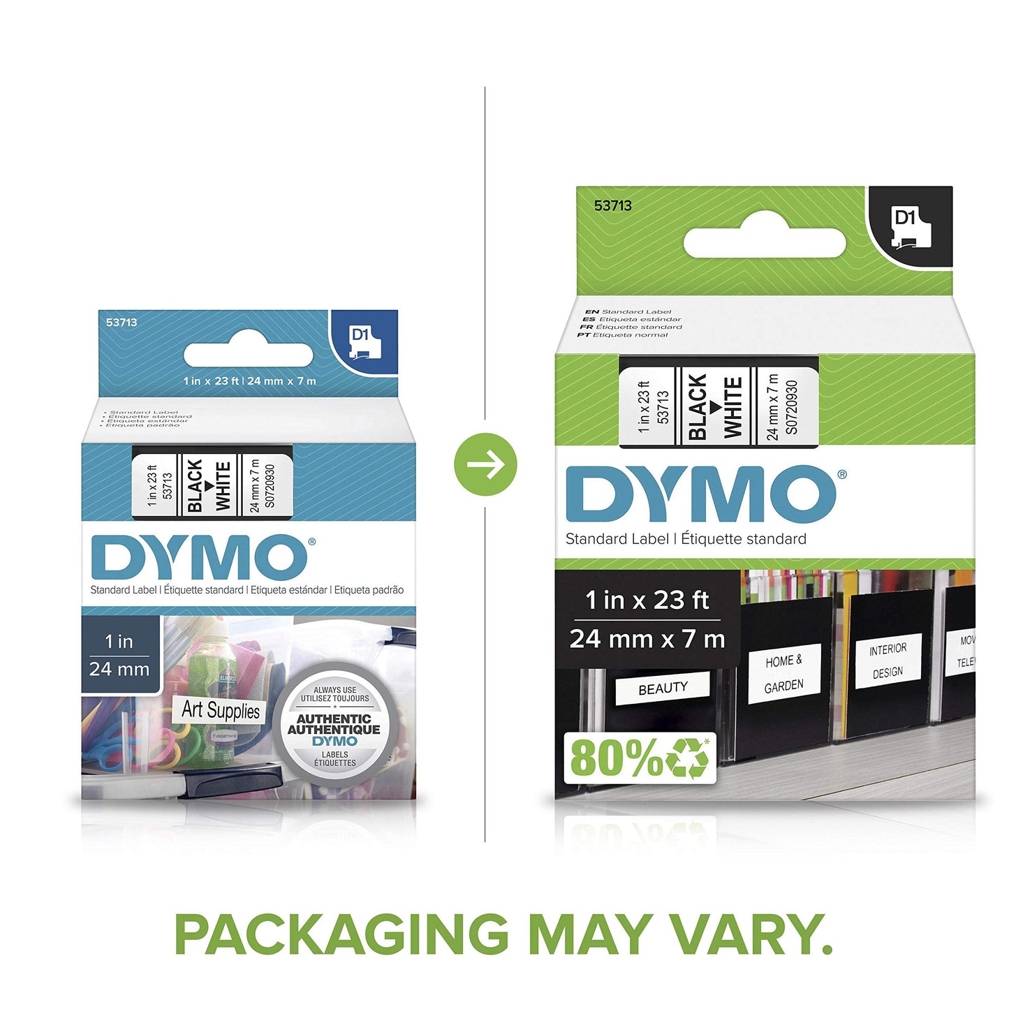 DYMO Authentic Standard D1 53713 Labeling Tape (Black Print on White Tape, 1'' W x 23' L, 1 Cartridge), Package May Vary