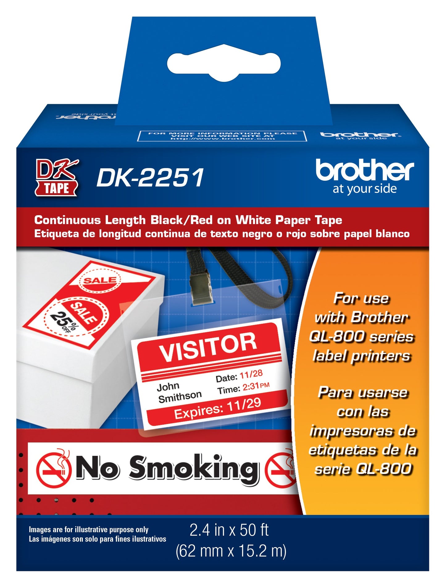 Brother Genuine DK-2251 Continuous Length Replacement Labels, Black/Red Label on White Paper Tape, Engineered with Excellence, 2.4� x 50 feet, 1 Roll per Box