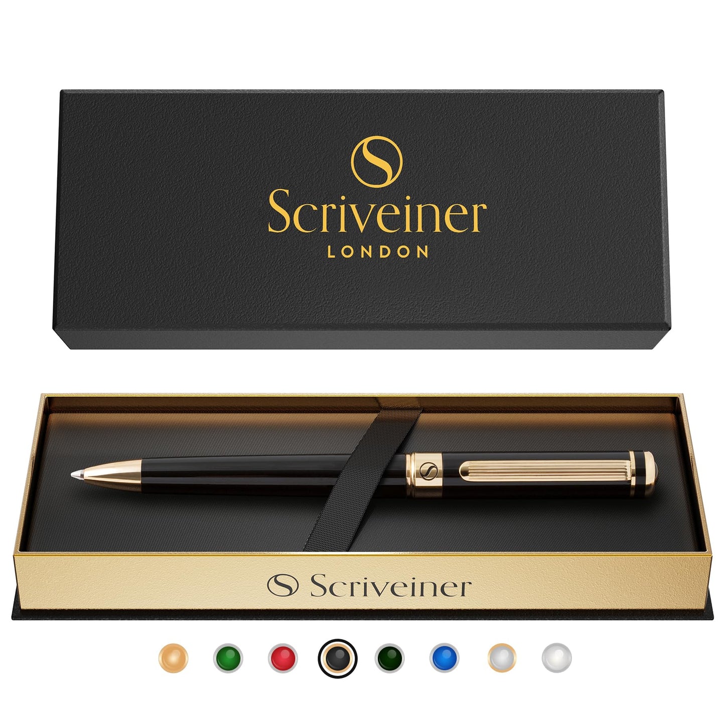 Scriveiner Black Lacquer Ballpoint Pen - Stunning Luxury Pen with 24K Gold Finish, Schmidt Black Refill, Best Ball Pen Gift Set for Men & Women, Professional Executive Office, Nice Fancy Designer Pens