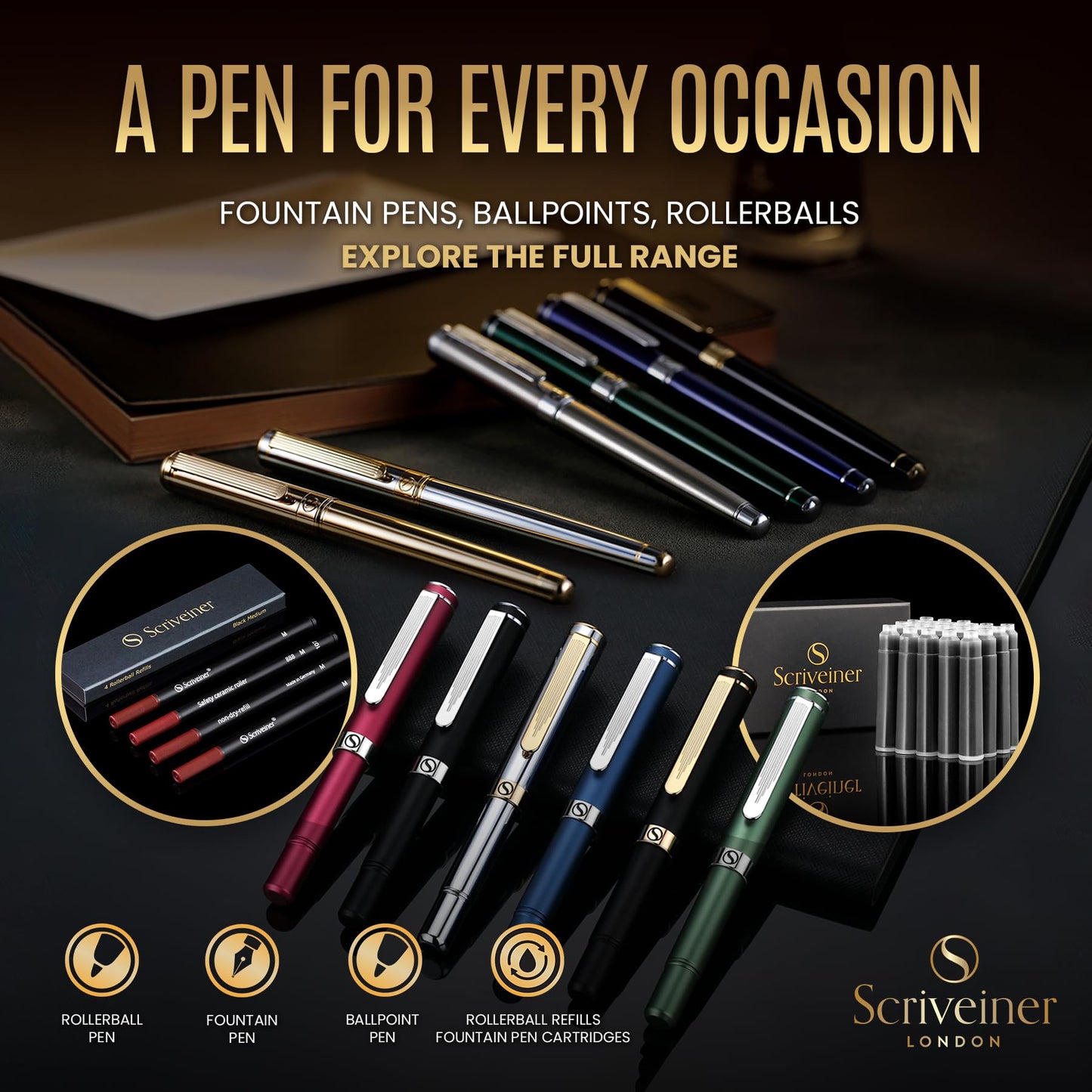 Scriveiner Gold Rollerball Pen - Stunning Luxury Pen with 24K Gold Finish, Schmidt Ink Refill, Best Roller Ball Pen Gift Set for Men & Women, Professional, Executive Office, Nice Pens