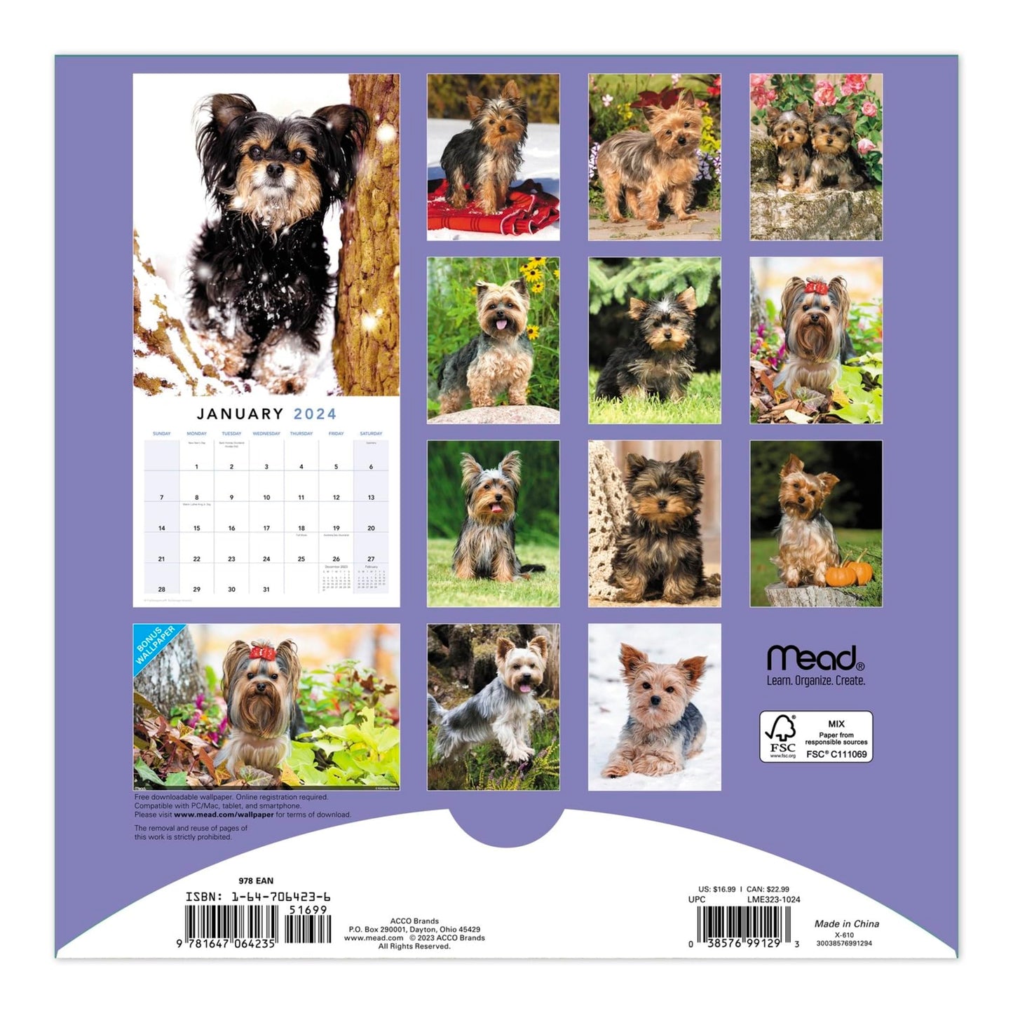 2024 Mead® 16-Month Wall Calendar, 12" x 12", Yorkies, September 2023 to December 2024, ODE32310