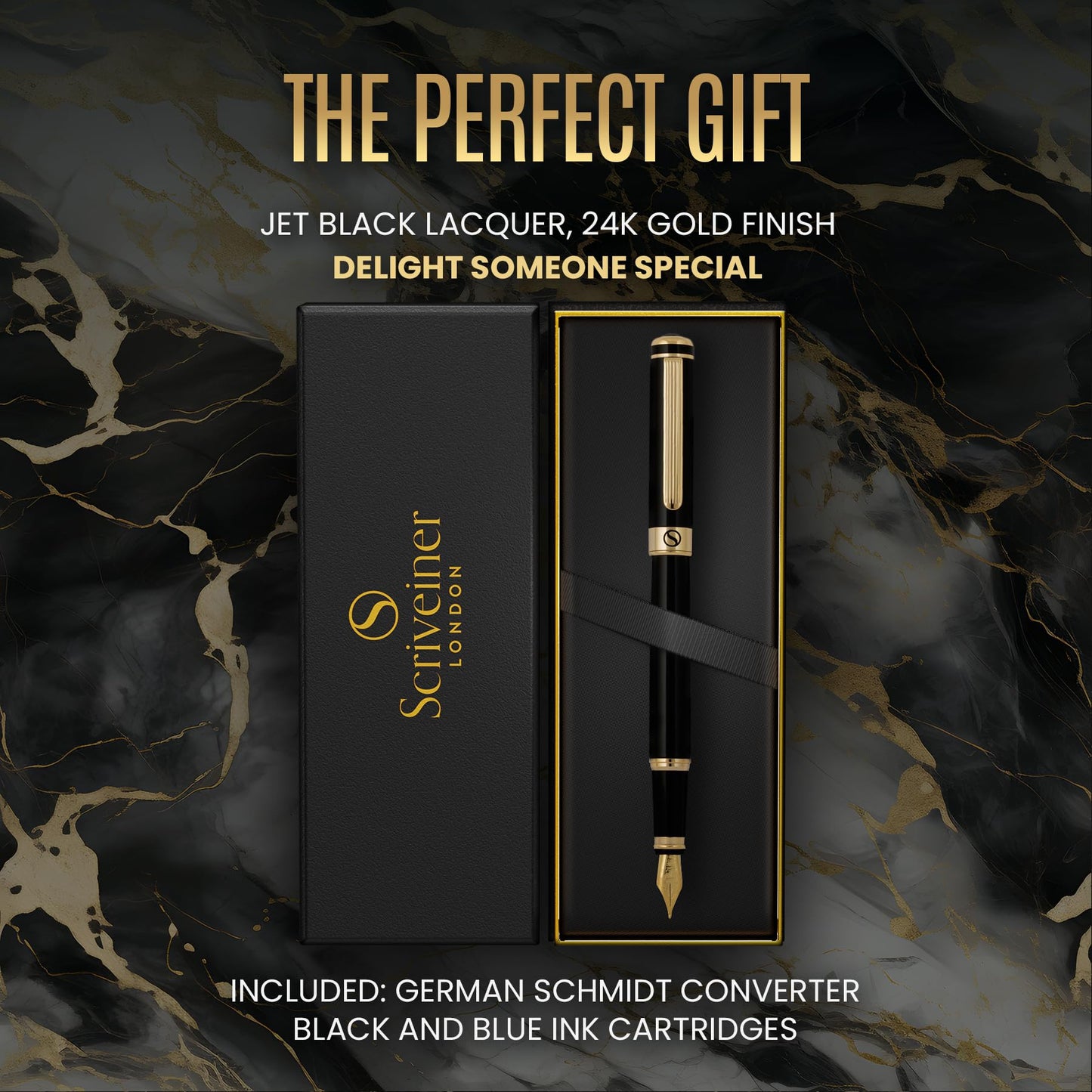 Scriveiner Luxury Fountain Pen - Stunning Black Lacquer Pen, 24K Gold Finish, Schmidt 18K Gilded Nib (Medium), Converter, Best Pen Gift Set for Men & Women, Professional, Executive, Office, Nice Pens