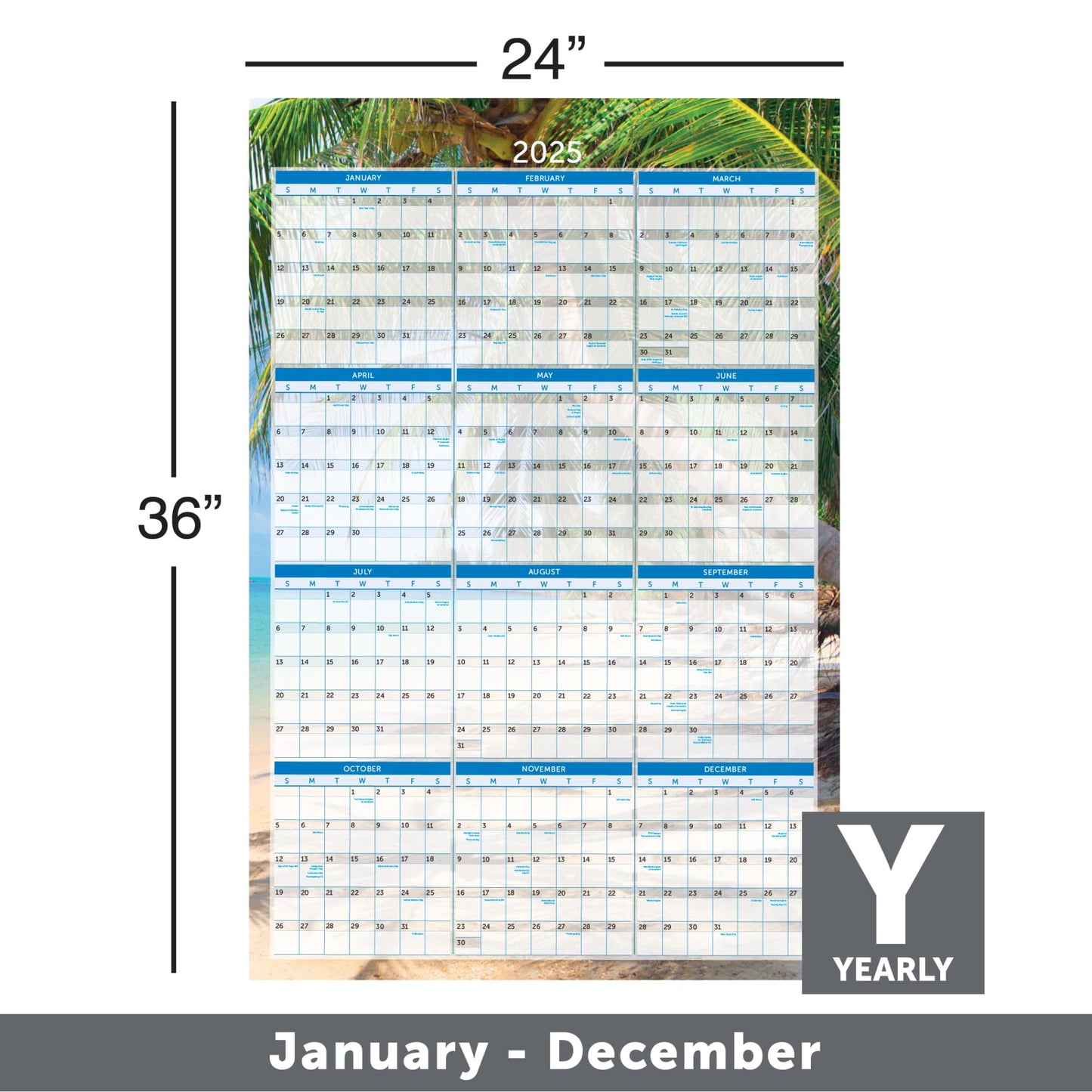 2025 Office Depot® Brand Reversible Erasable Wall Calendar, 24" x 36", Paradise, January to December