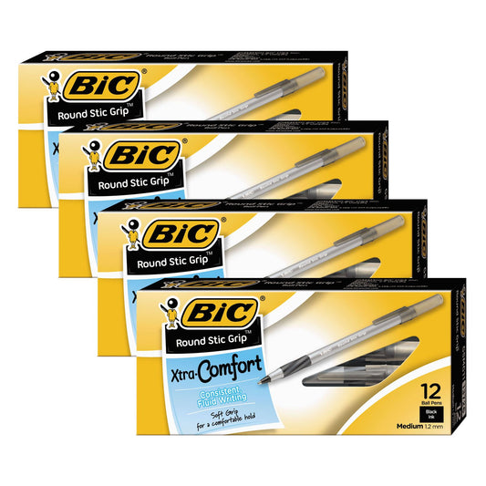 4 pack of BIC Xtra-Comfort Round Stic Grip Ballpoint Pens. BLACK.