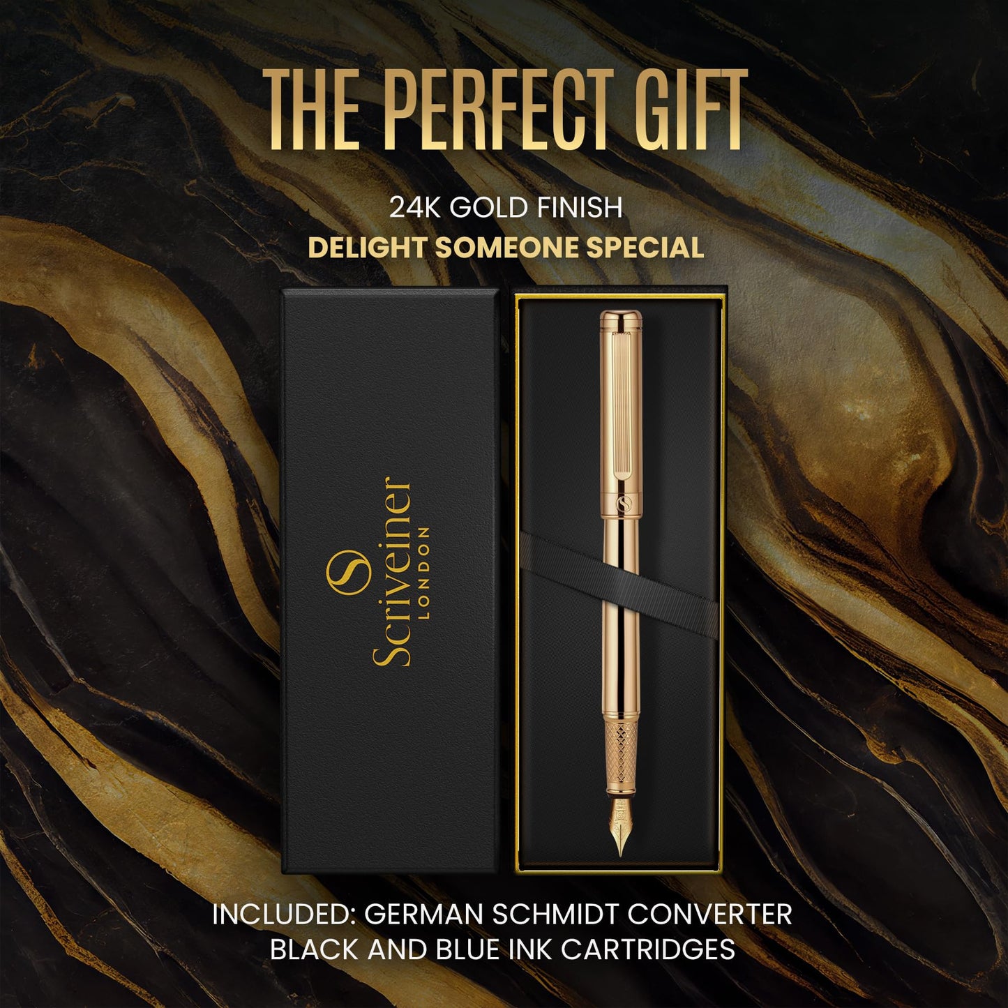 Scriveiner Luxury Fountain Pen - Stunning Gold Pen, 24K Gold Finish, Schmidt 18K Gilded Nib (Medium), Converter, Best Pen Gift Set for Men & Women, Professional, Executive, Office, Nice Pens