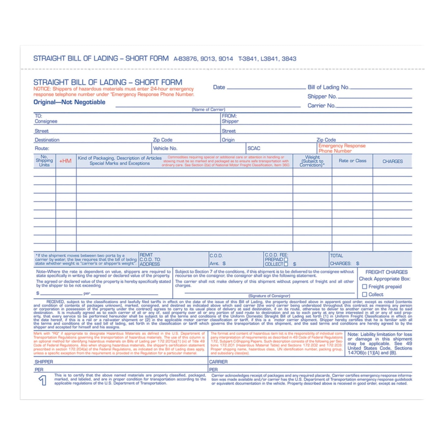 Adams Bill of Lading Short Form, 8-1/2 x 7-7/16 Inches, White, 3-Part, 250-Count (B3876)