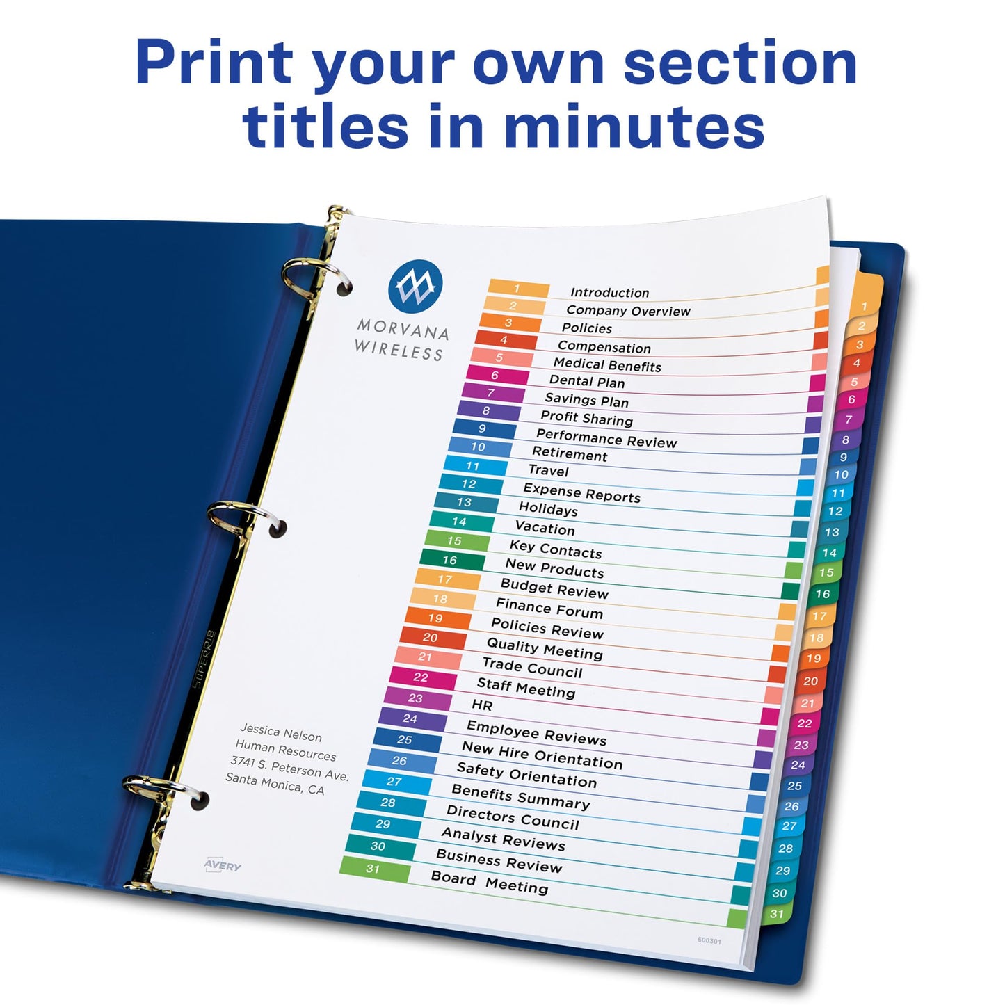 Avery 1-31 Tab Dividers for 3 Ring Binders, Customizable Table of Contents, Multicolor Tabs, 1 Set (11129)