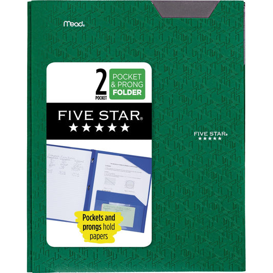 Five Star 2 Pocket Folder, Plastic Folder with Stay-Put Tabs and Prong Fasteners, Fits 3-Ring Binder, Holds 8-1/2" x 11" Paper, Writable Label, Green (72111)