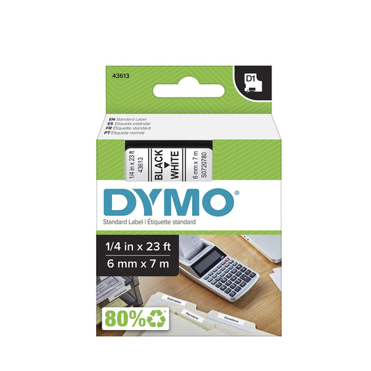 DYMO Standard D1 43613 Labels for LabelManager Label Makers, 1/4" W x 23' L, Black Print on White Tape, Self-Adhesive, 1 Cartridge