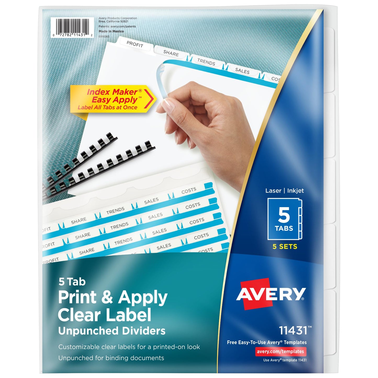 Avery 5 Tab Unpunched Dividers for Use with Any Binding System, Easy Print & Apply Clear Label Strip, Index Maker Customizable White Tabs, 5 Sets (11431)