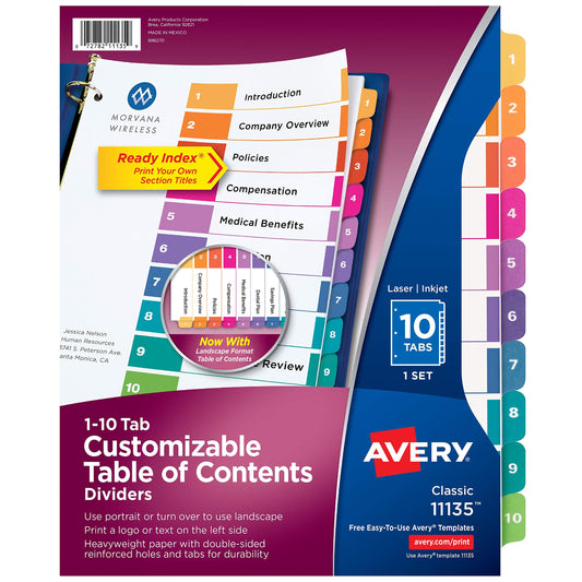 Avery 10 Tab Dividers for 3 Ring Binders, Customizable Table of Contents, Multicolor Tabs, 1 Set (11135)