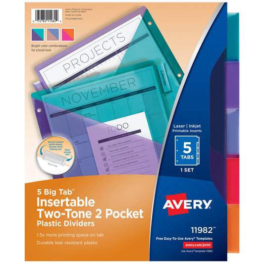 Avery Big Tab Insertable Plastic 2 Pocket Dividers for 3 Ring Binders, 5 Tab Set, Two-Tone Multicolor, Works with Sheet Protectors, 1 Binder Divider Set (11982)