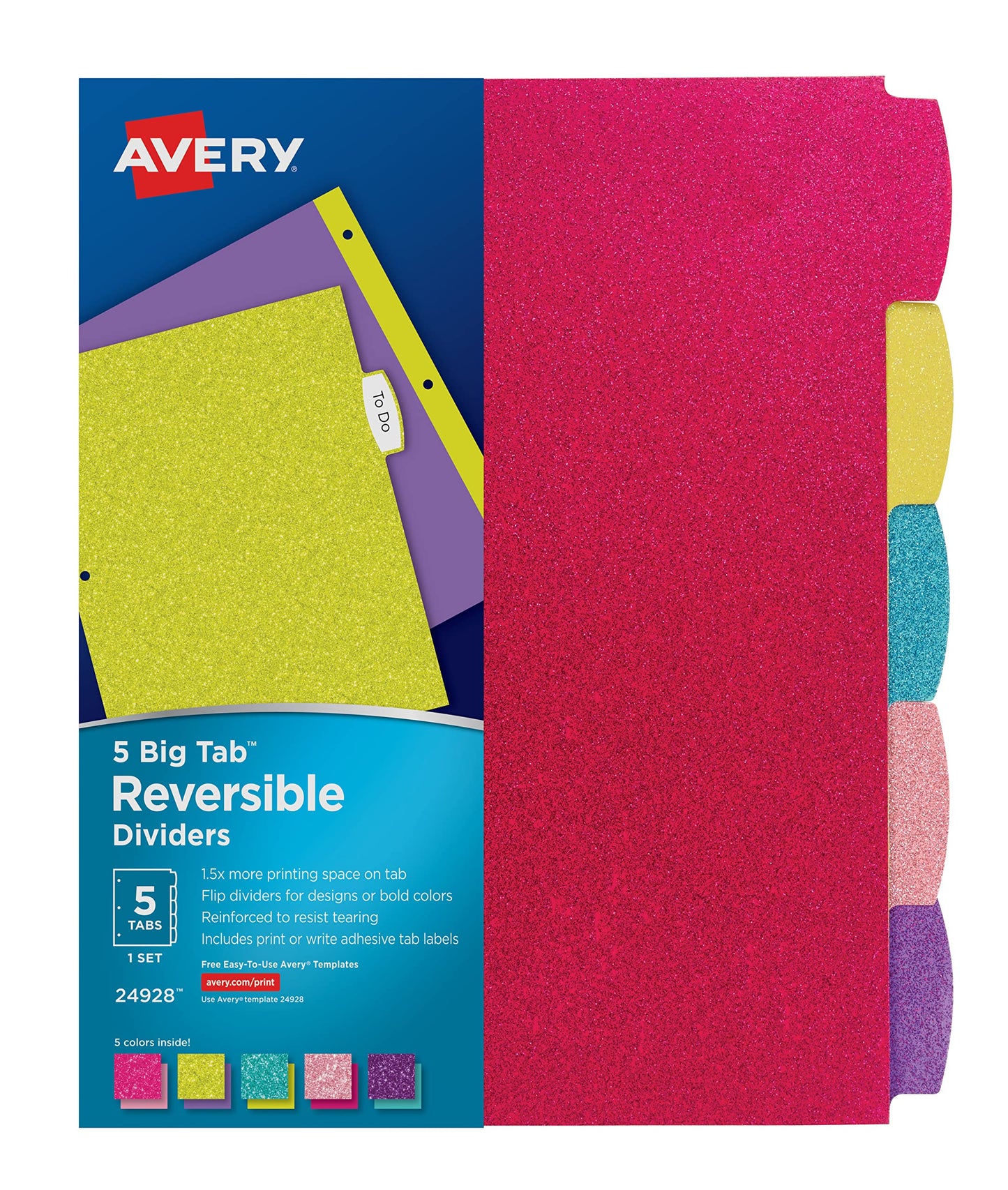 Avery Big Tab Reversible Fashion Dividers, Assorted Colors, 5-Tab Set (24928)