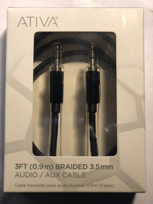 ATIVA Braided Auxiliary Audio Cable for Apple iPhone and iPod, 3.5 mm, 3', Black