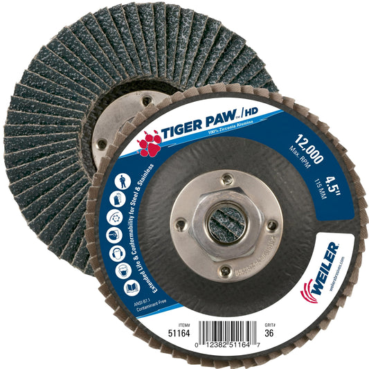 Weiler 51164 Tiger Paw XHD Super High Density Abrasive Flap Disc, Type 27 Flat Style, Phenolic Backing, Zirconia Alumina, 4-1/2" Diameter, 5/8"-11 Arbor, 36 Grit, 12000 RPM (Pack of 10)