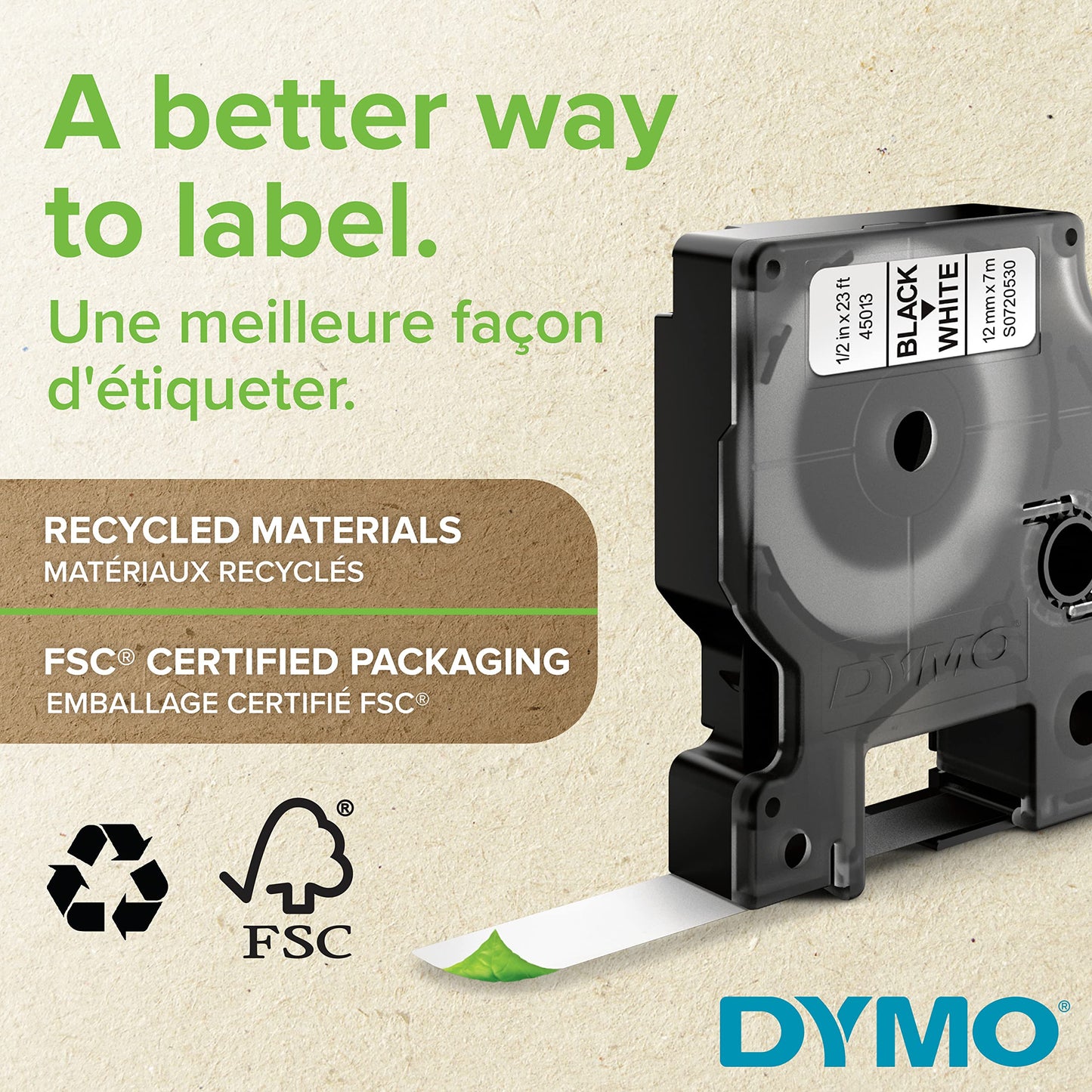 Dymo D1 High-Performance Flexible Nylon Fabric Tape For DYMO LabelManager Label Makers, 1/2" x 12’, Black Print on White