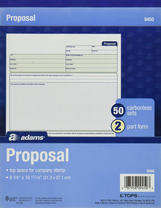 Adams Proposal Form Book, 2-Part, Carbonless, 10.19 x 8.38 Inches, 50 Sets, White and Canary (9450ABF)