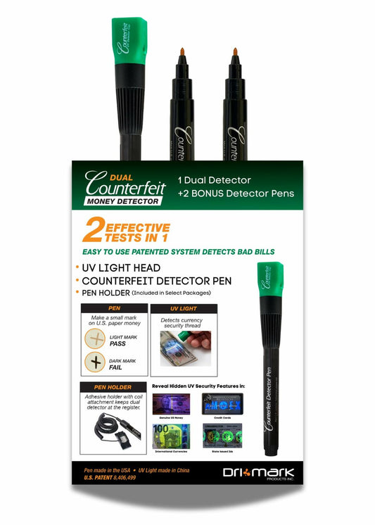 Dri Mark Dual Test Counterfeit Money Detector Pen, UV Light Head Bonus Pack - Fake Money Bill Checker, Tests for Security Strips and Authentic Currency Paper, 1 UV Light/ 3 Pens