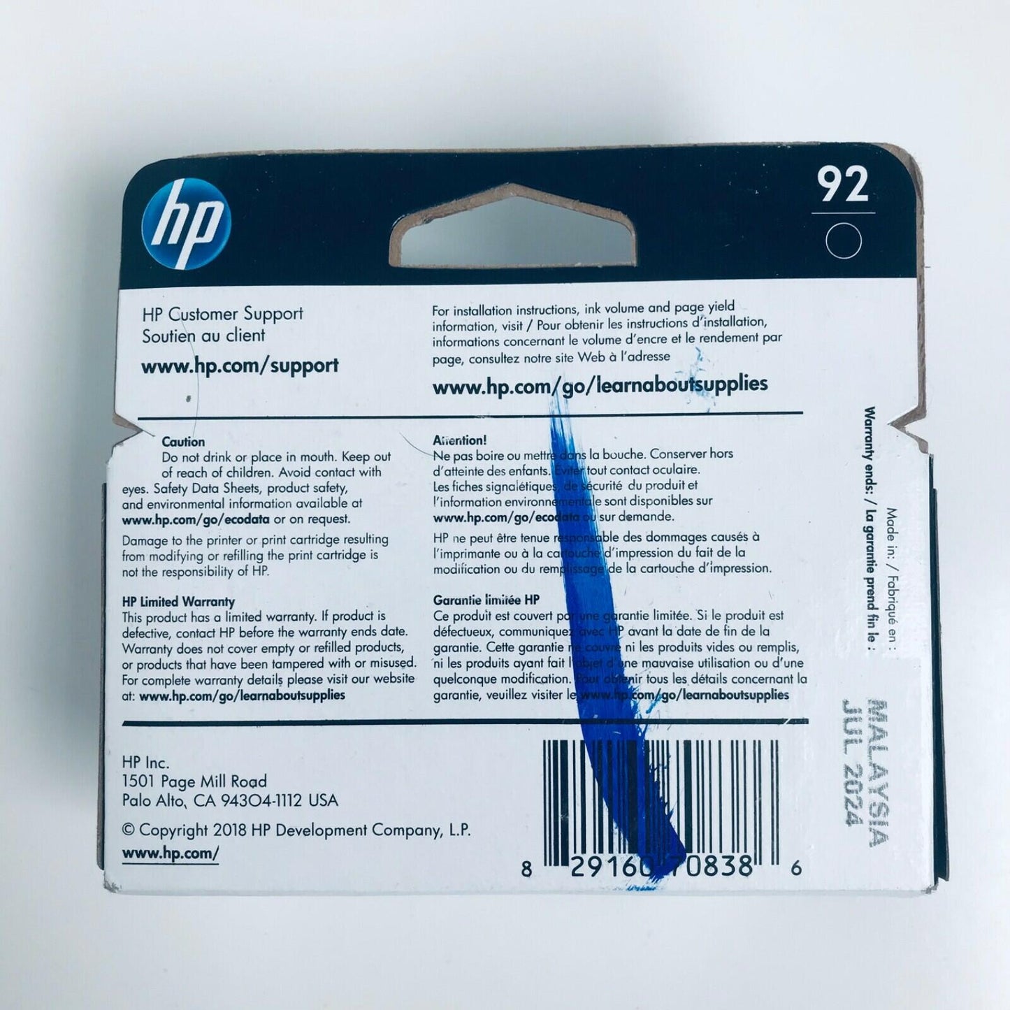 01/2024 Hp 92 Black Noir Ink Cartridge Genuine Original OEM New Sealed
