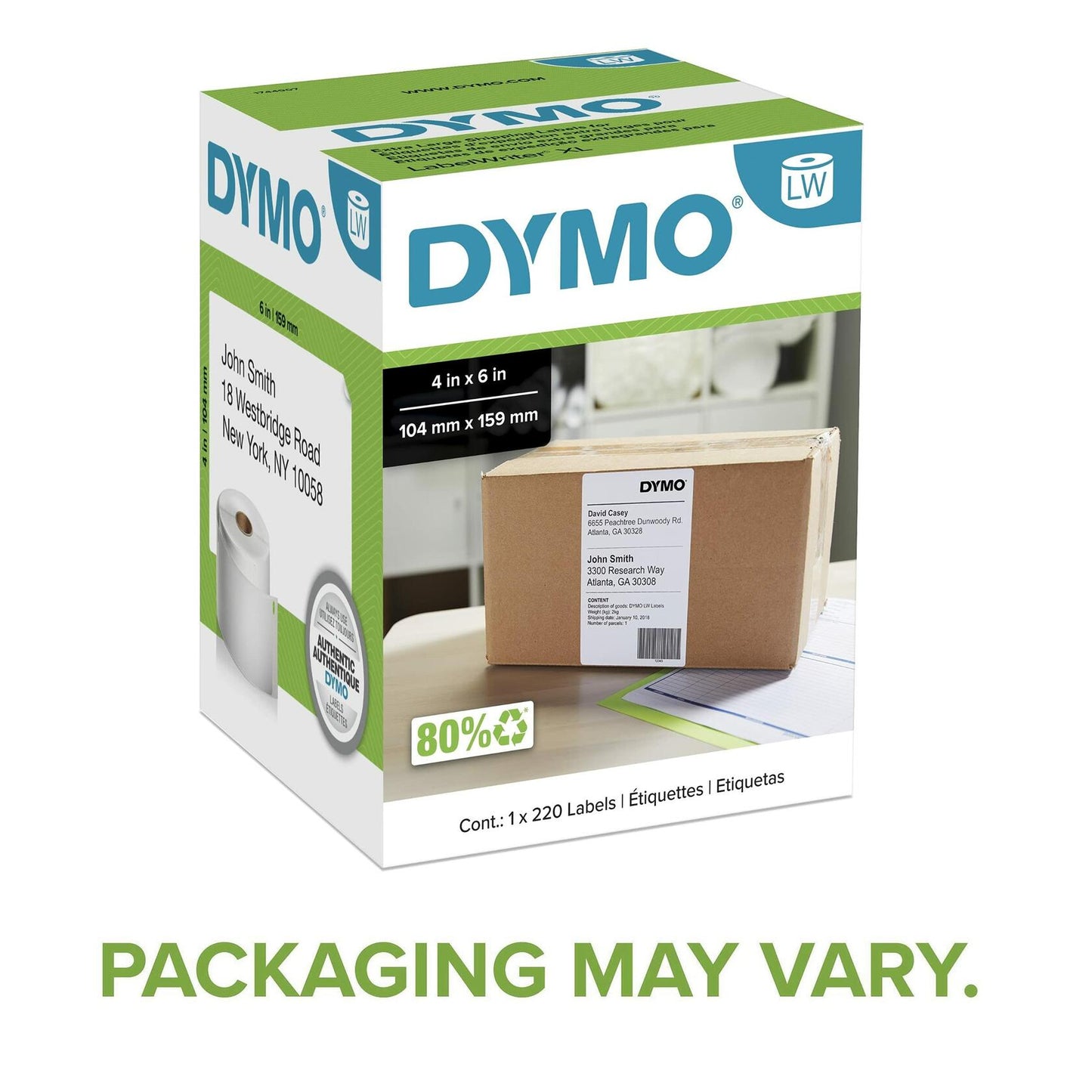 DYMO Authentic LW Extra-Large Shipping Labels, DYMO Labels for LabelWriter 5XL and 4XL Label Printers Only, White, 4" x 6", 1 Roll of 220