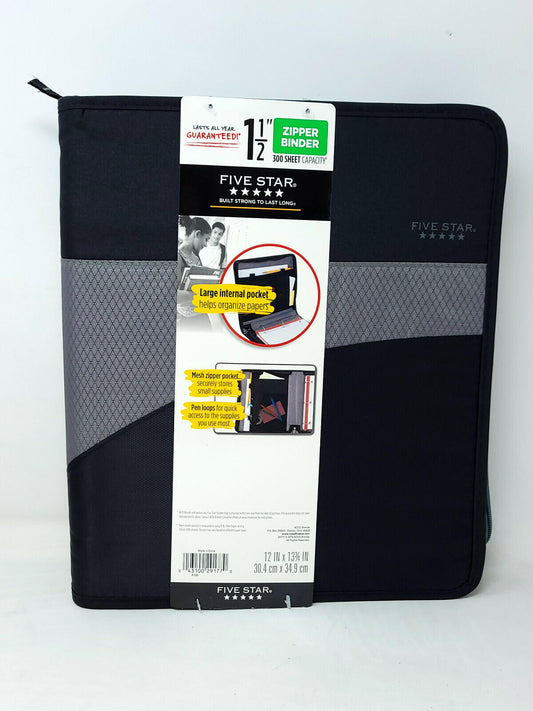 Five Star Zipper Binder School Organizer 1 1/2" Inch 300 Sheet Capacity 3 ring