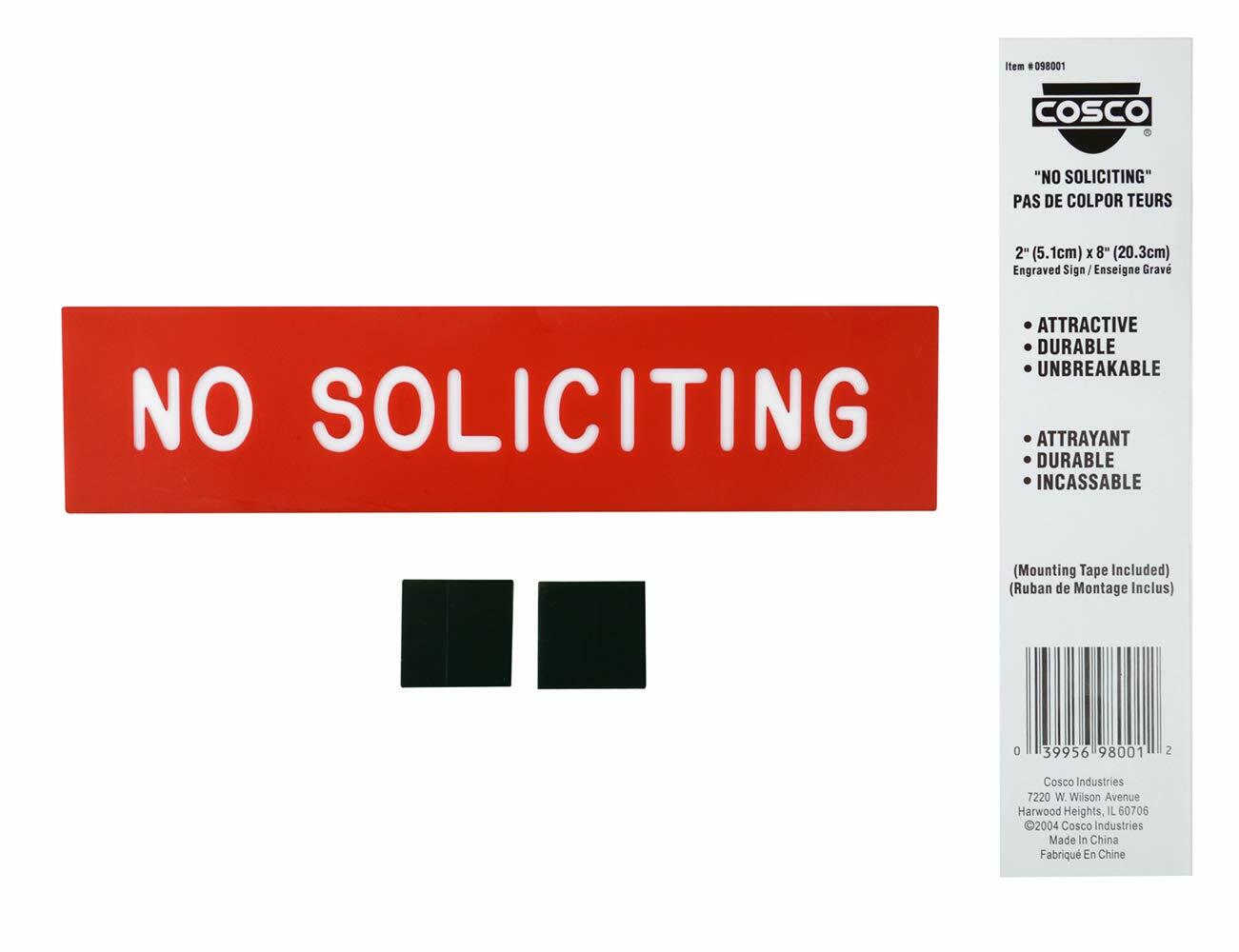 Cosco Sign, Red Engraved, No Solicitors, 2 x 8 Inches (098001)