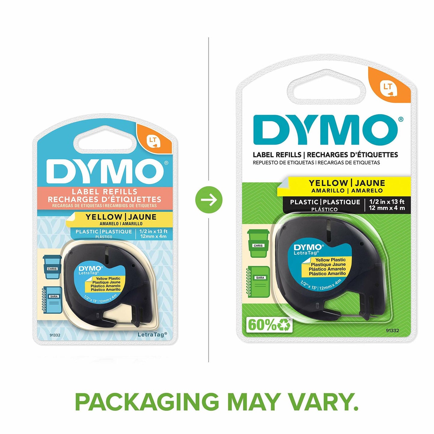DYMO LetraTag Labeling Tape for LetraTag Label Makers, Black Print on Yellow Tape, 1/2'' W x 13' L, 1 roll (91332)