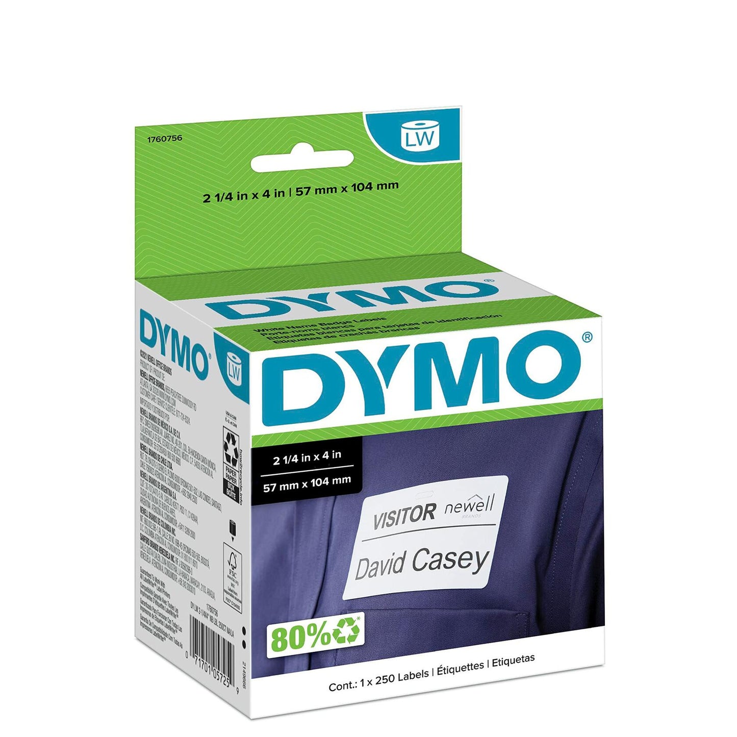 DYMO LW Self-Adhesive Name Badge Labels for LabelWriter Label Printers, White, 2-1/4'' x 4'', 1 roll of 250 (1760756)