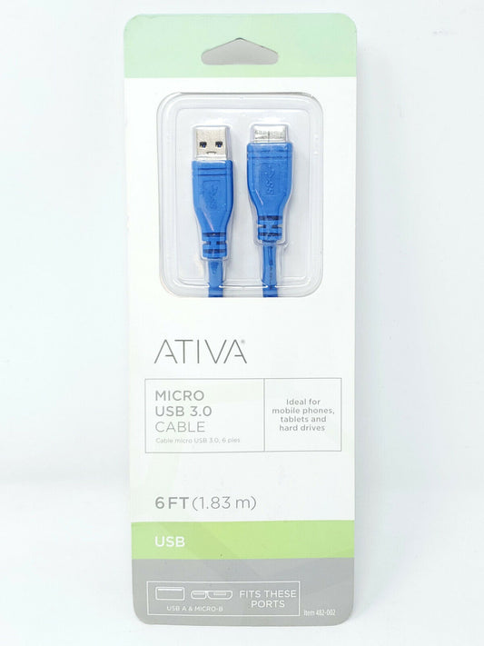 ATIVA Micro USB 3.0 Cable - 6 FT - Item Number 482-002 - New in Box