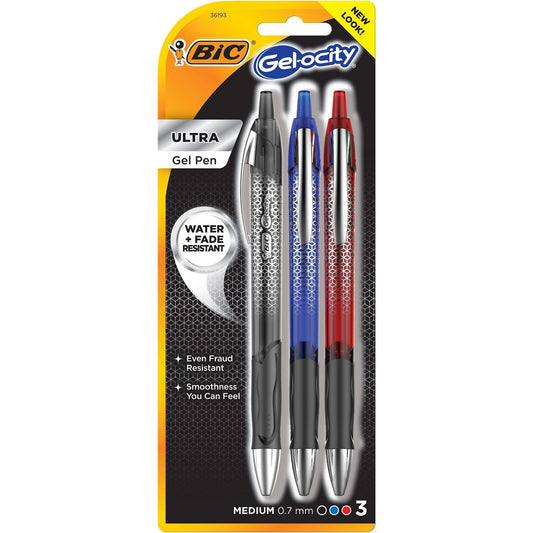 BIC Gel-Ocity Ultra Gel Pens, Medium Point Retracable (0.7mm), Assorted, 3-Count