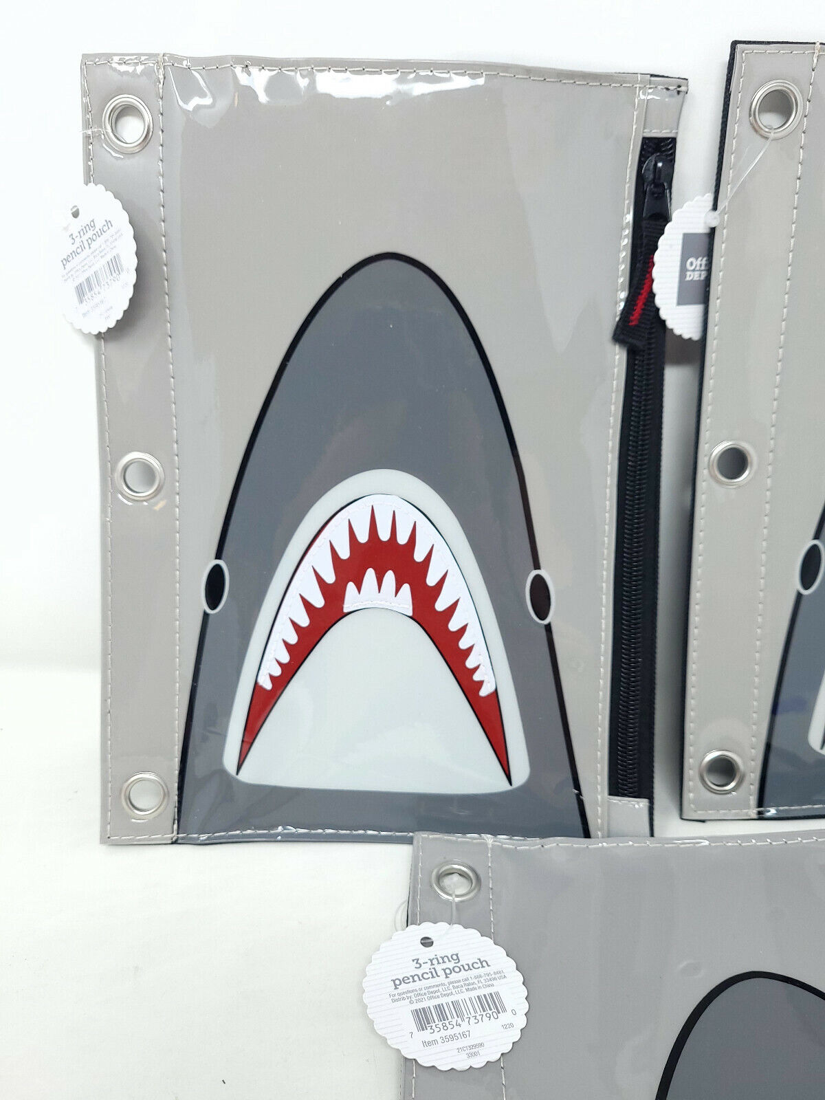 3x Pencil Case Shark Design 3 Ring Binder Compatible Zipper Closure