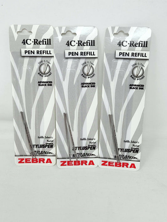 3x Zebra StylusPen Twist Ballpoint Pen 4C Refill Fine Point, 0.7mm Black Ink