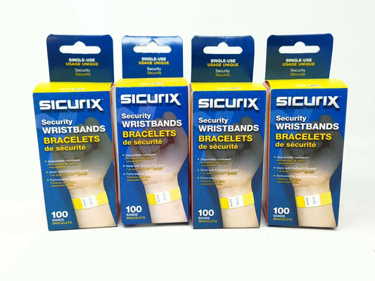 4x boxes of SICURIX Security Wristbands tearproof 100 per box Yellow bands