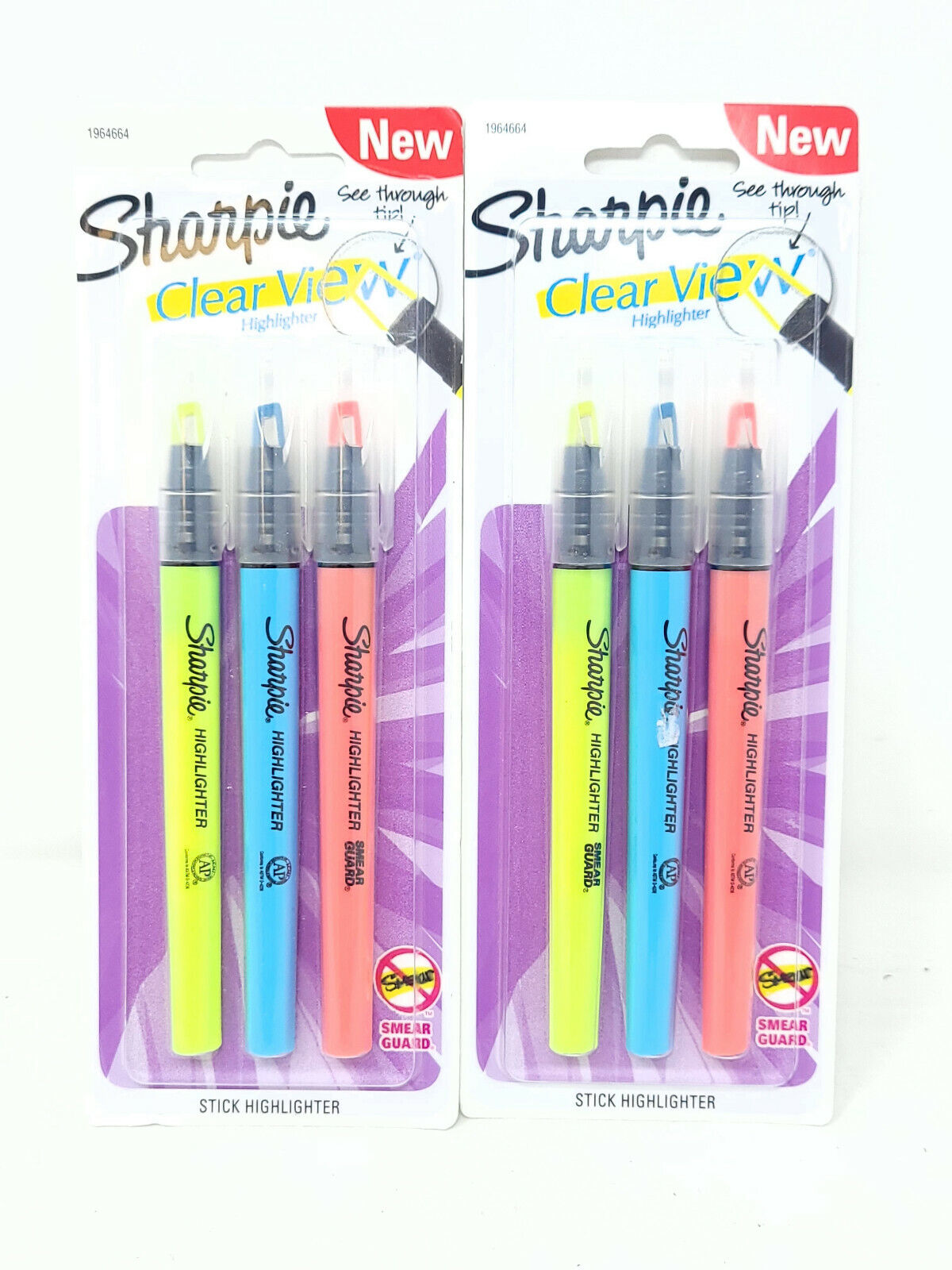 Lot of 2x Sharpie Clear View Stick Highlighters 3/Pkg-Yellow, Blue & Orange -NEW