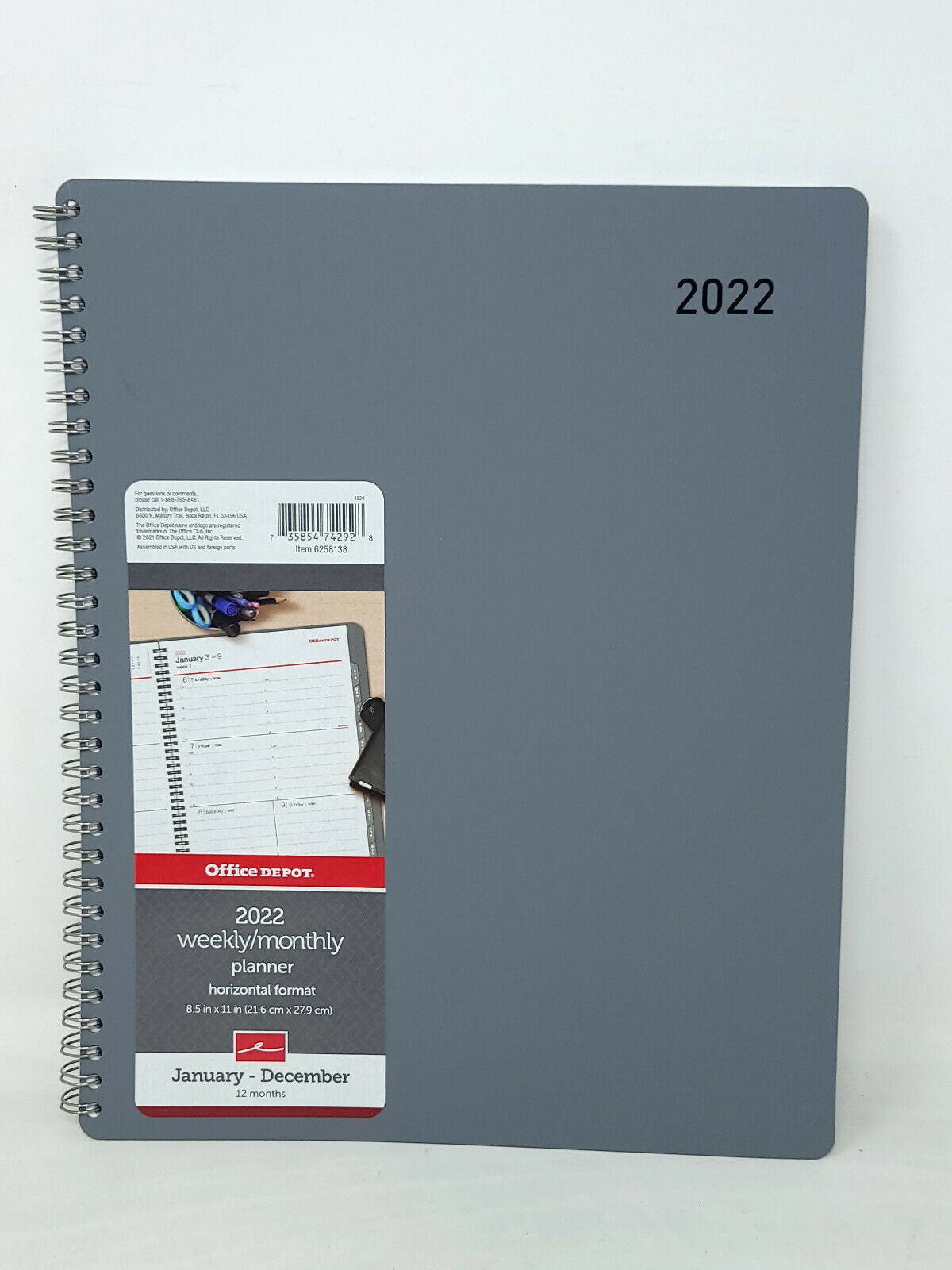 Office Depot 2022 Weekly/Monthly Planner Horizontal Format 8.5x11 - Grey - NEW